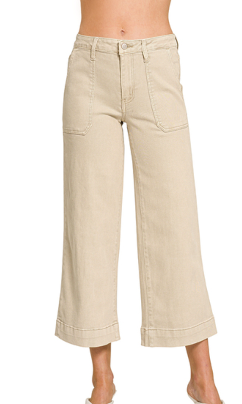 Cropped wide leg color denim pants- Sand Beige