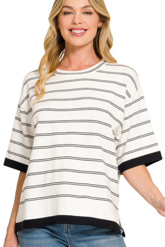 Viscose stripe short sleeve sweater