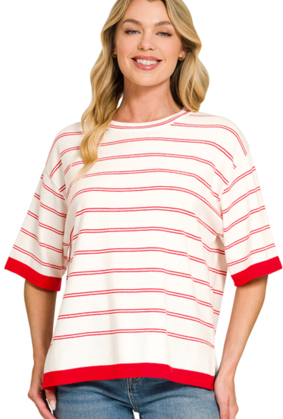 Viscose stripe short sleeve sweater