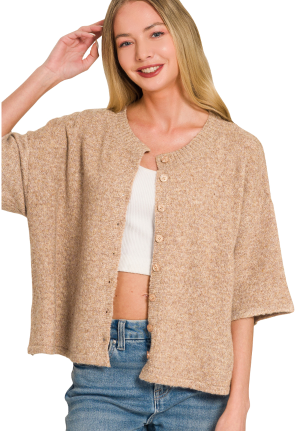 Wool blend half sleeve cardigan sweater
