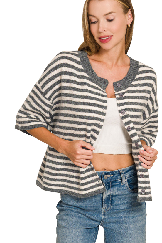 Striped wool blend half sleeve cardigan sweater