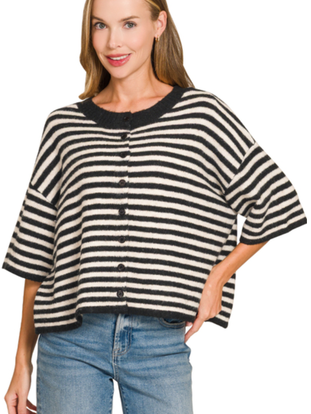 Striped wool blend half sleeve cardigan sweater
