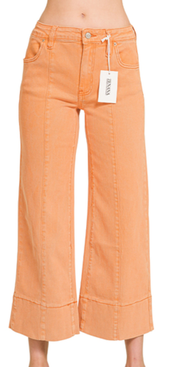Zenana Mid rise wide leg cropped color denim pants