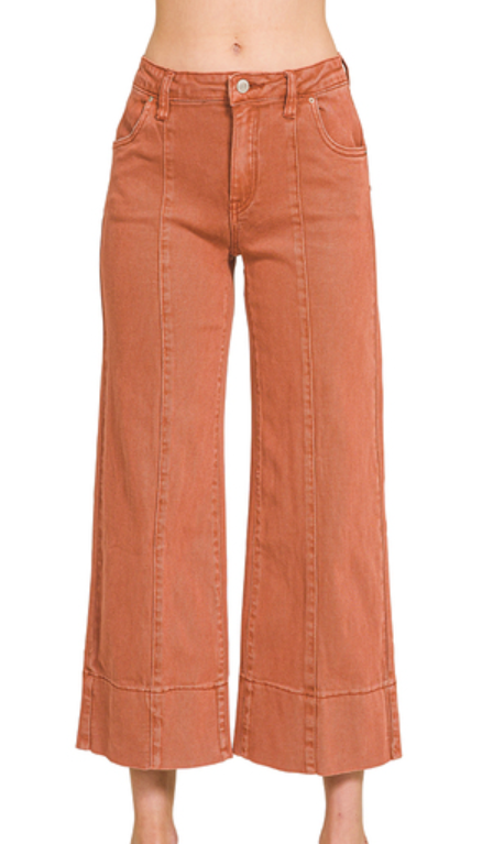 Zenana Mid Rise Wide Leg Cropped Color Denim Pants