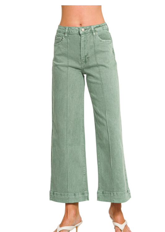 Zenana Olive Denim Mid Rise Cropped Pants