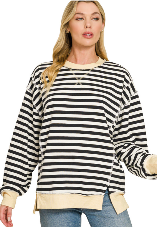 French Terry Striped Long Sleeve Pullover - Black and Yellow