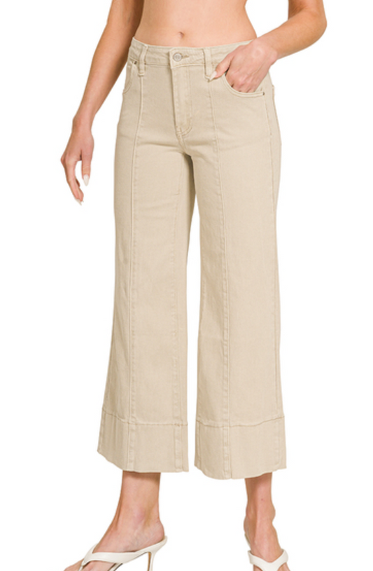 Mid Rise Wide Leg Cropped Color Denim Pants - Sand Beige