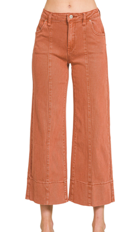Mid Rise Wide Leg Cropped Color Denim Pants - Rust