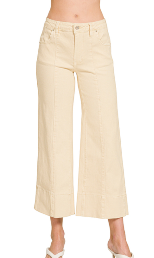 Mid Rise Wide Leg Cropped Color Denim Pants - Cream Beige