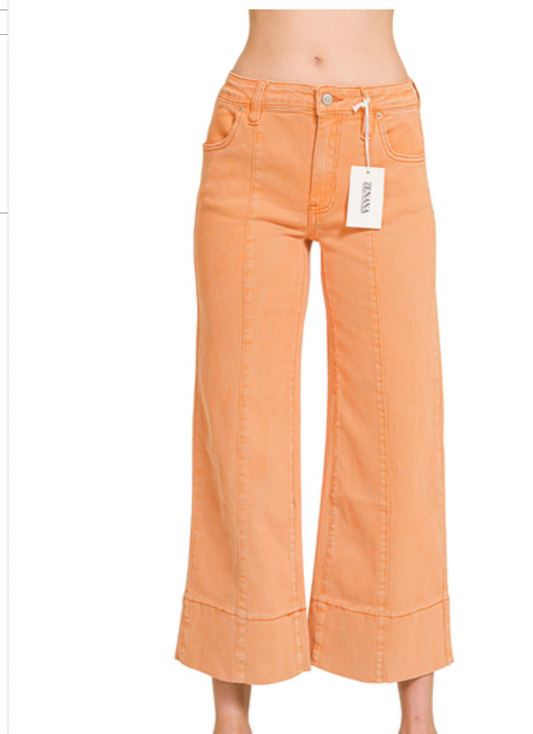 Mid Rise Wide Leg Cropped Color Denim Pants - Orange