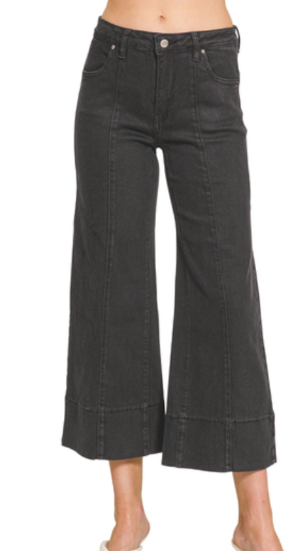 Mid Rise Wide Leg Cropped Color Denim Pants - Black