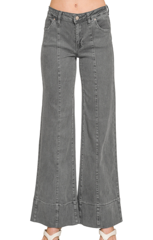 Mid Rise Wide Leg Color Denim Pants - Ash Black
