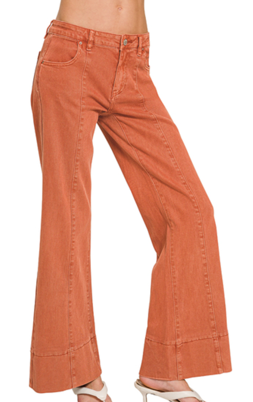 Mid Rise Wide Leg Color Denim Pants - Rust