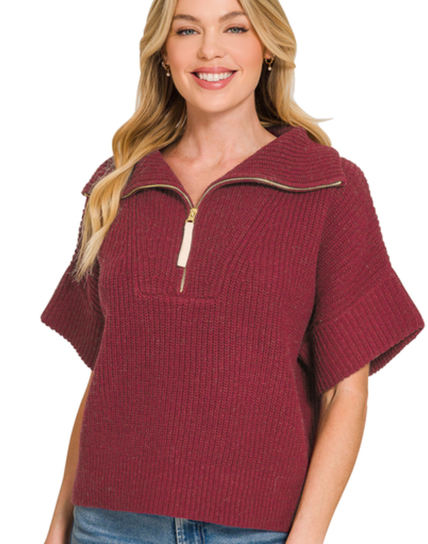 Half Zip High Neck Short Sleeve Sweater Burgundy