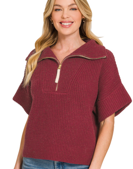 Half Zip High Neck Short Sleeve Sweater Burgundy