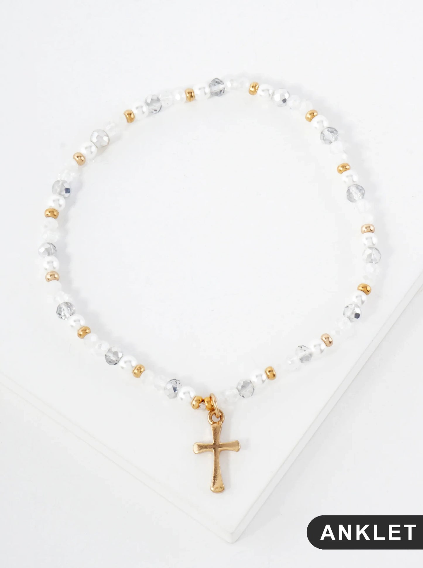 Semi-Precious Natural-Stone Beaded Cross Charm Stretch Anklet