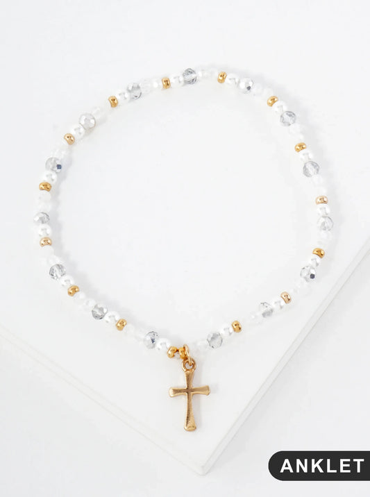 Semi-Precious Natural-Stone Beaded Cross Charm Stretch Anklet