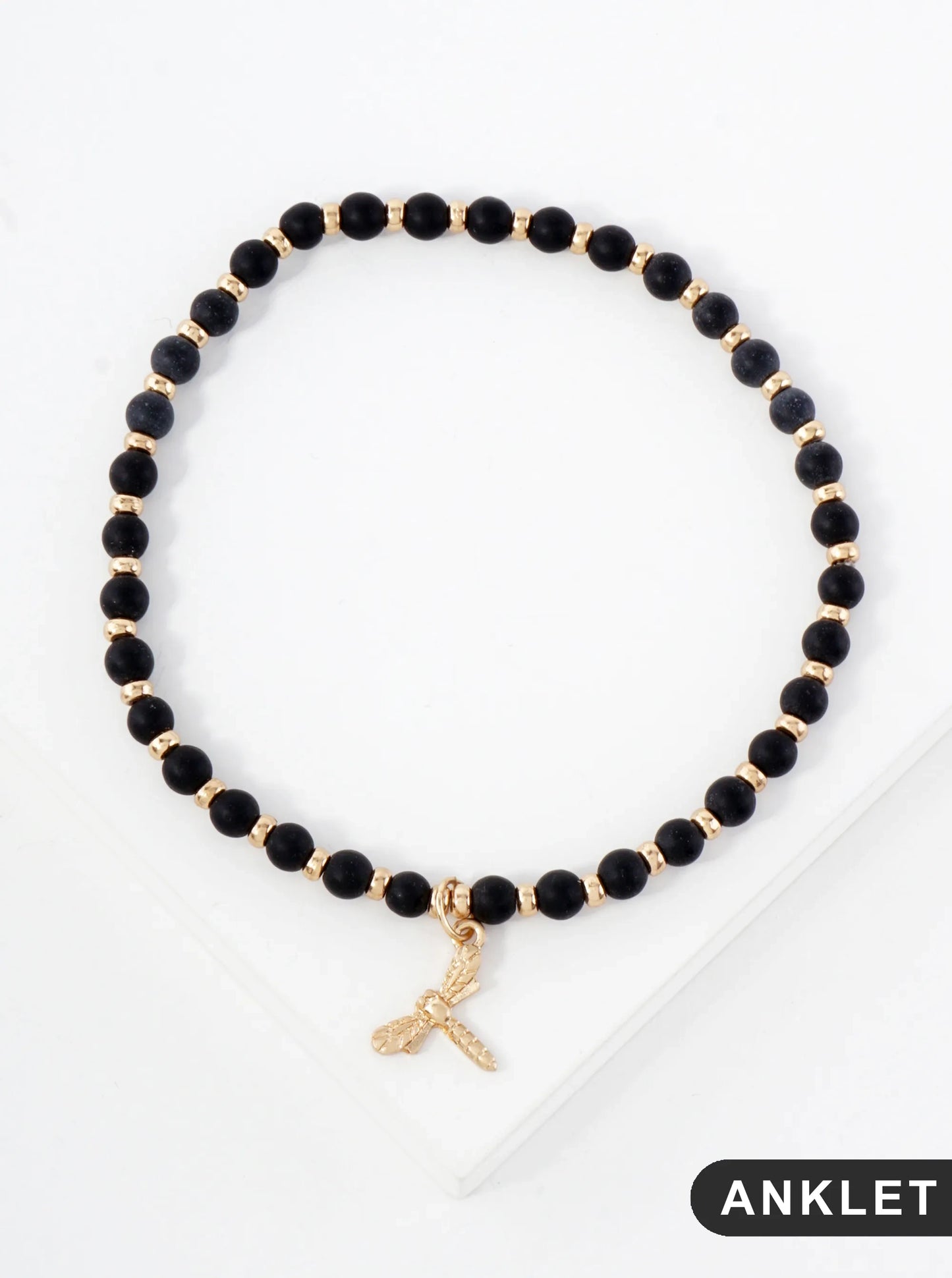 Semi-Precious Natural-Stone Beaded Dragonfly Charm Stretch Anklet