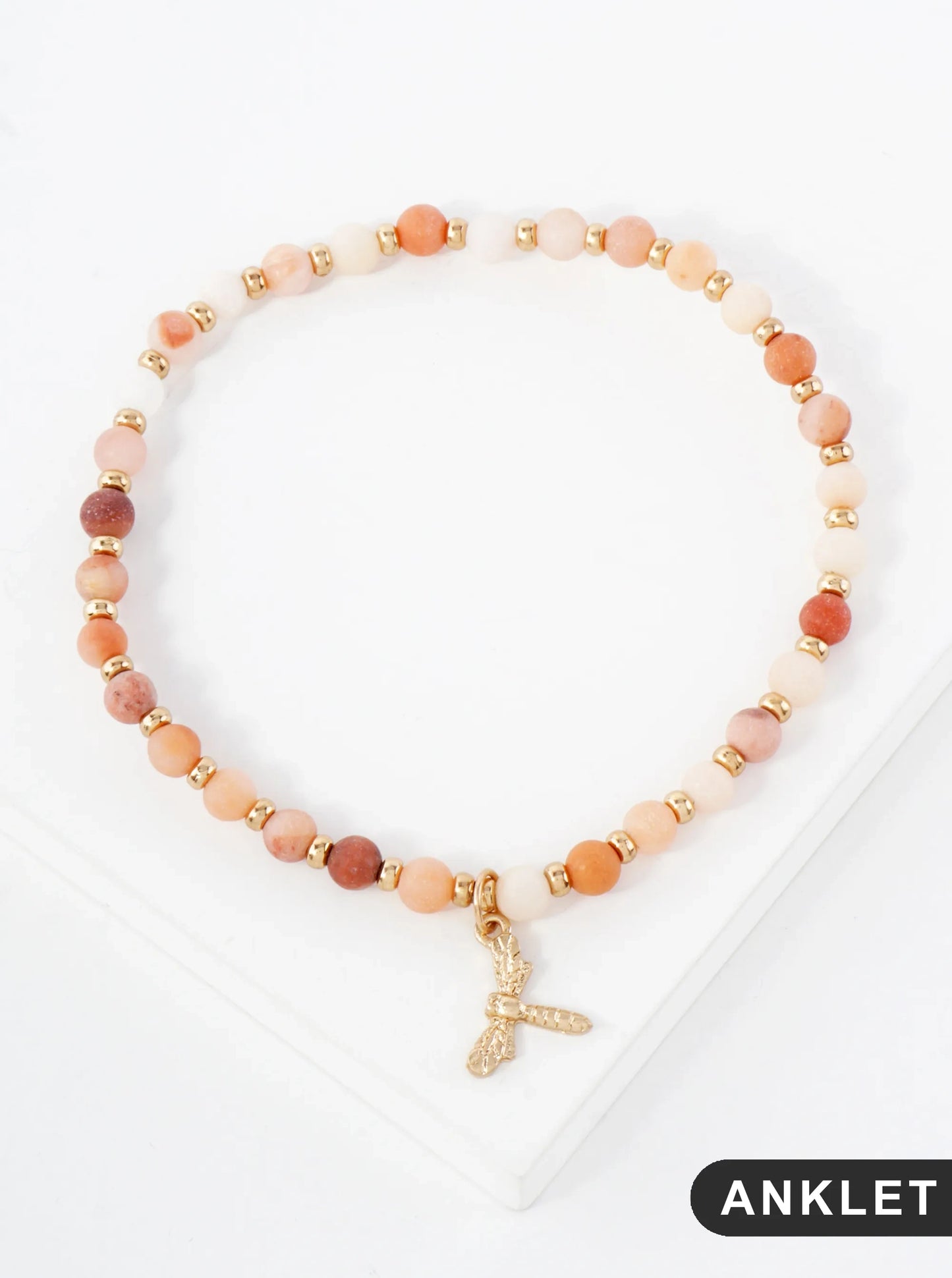 Semi-Precious Natural-Stone Beaded Dragonfly Charm Stretch Anklet