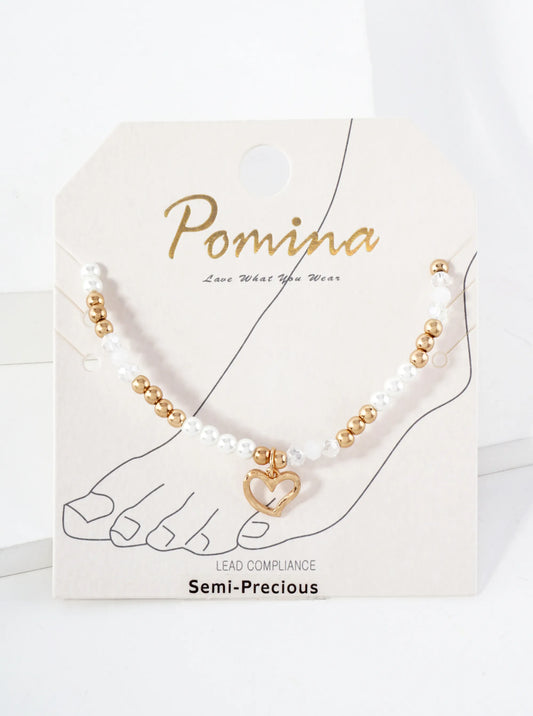 Semi-Precious Natural-Stone Beaded Wire Heart Charm Stretch Anklet