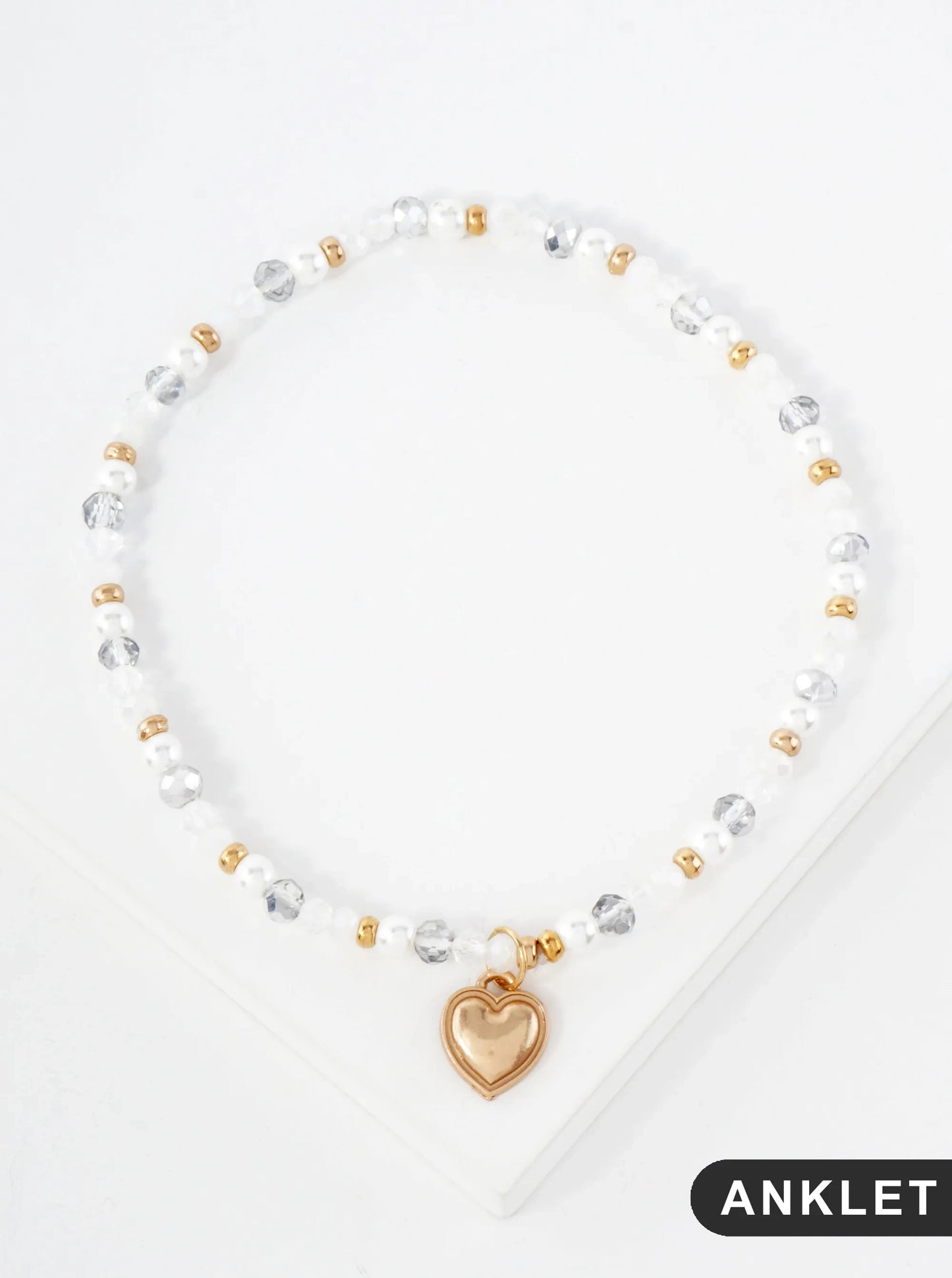 Semi-Precious Natural-Stone Glass-Beaded Heart Charm Stretch Anklet