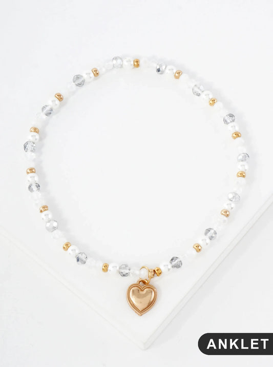 Semi-Precious Natural-Stone Glass-Beaded Heart Charm Stretch Anklet