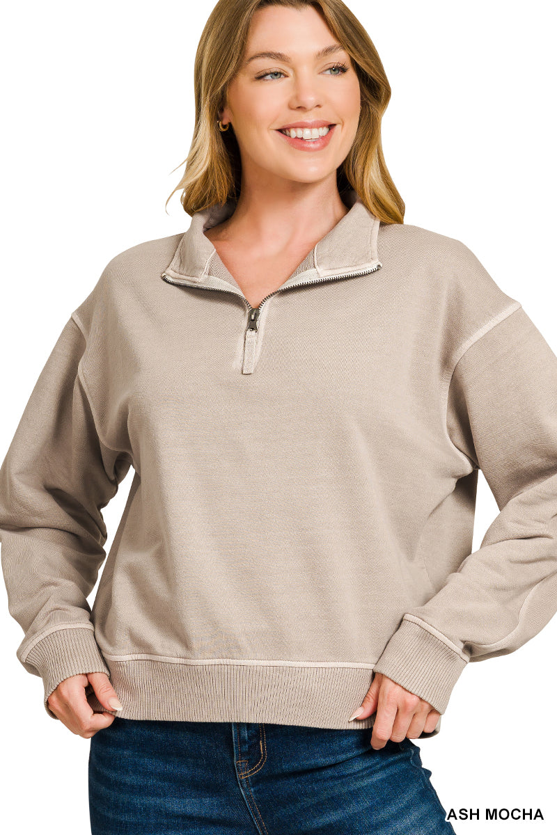 Zenana Ash Mocha Terry pigment dye & enzyme washed half zip pullover