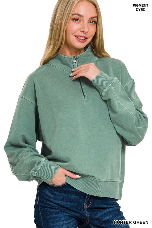 Zenana Hunter Green Terry pigment dye & enzyme washed half zip pullover