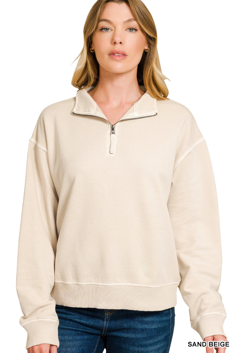 Zenana Sand Beige Terry pigment dye & enzyme washed half zip pullover