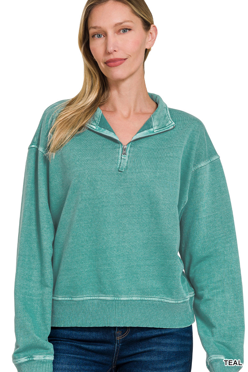 Zenana Teal Terry pigment dye & enzyme washed half zip pullover