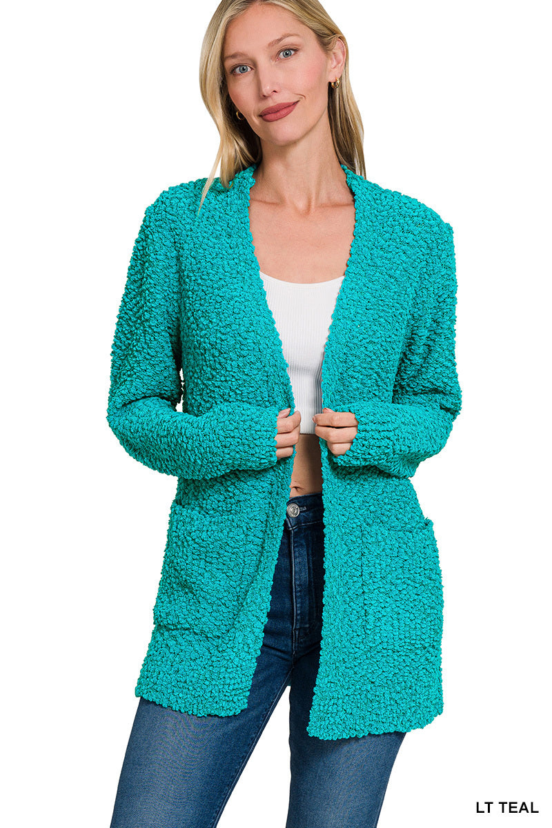 Zenana Long sleeve popcorn sweater cardigan with pockets in teal