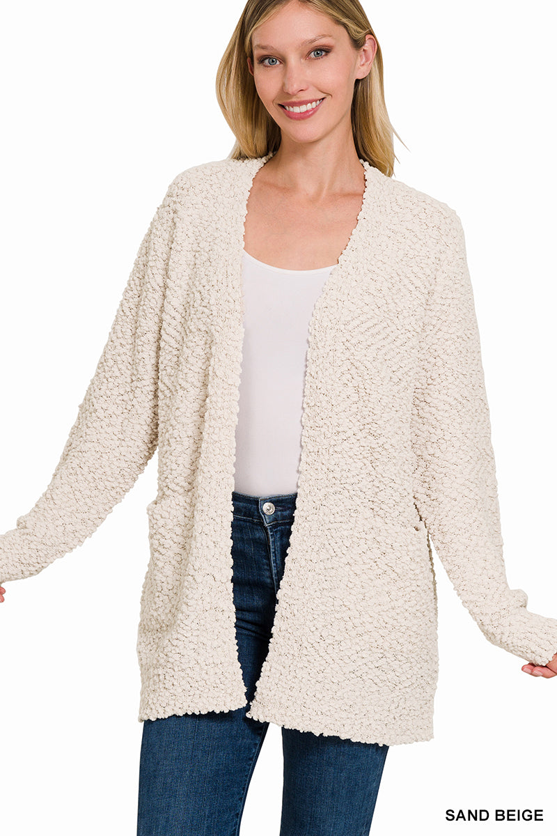 Zenana Sand Beige Long sleeve popcorn sweater cardigan with pockets