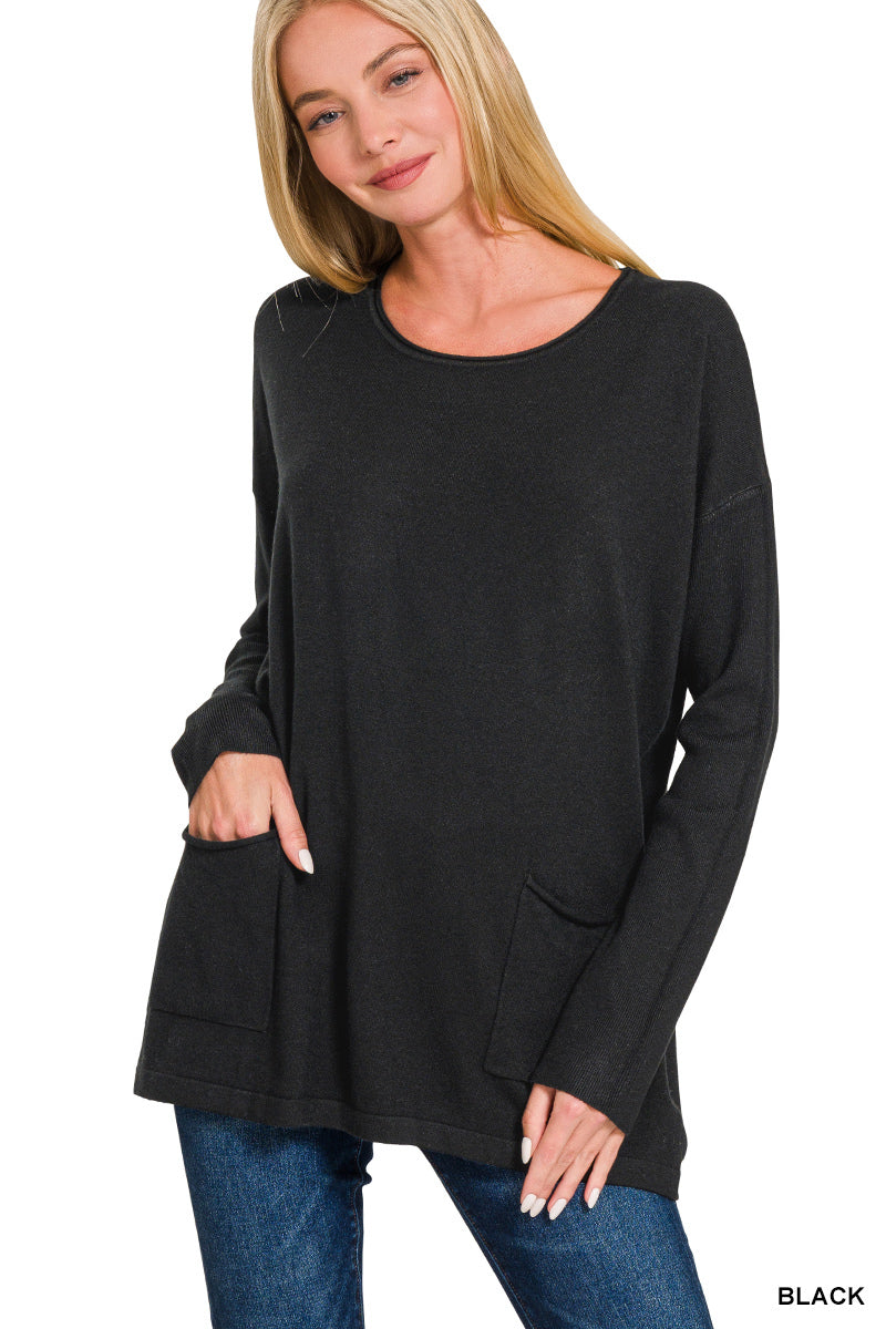 Zenana Black Viscose front pockets sweater