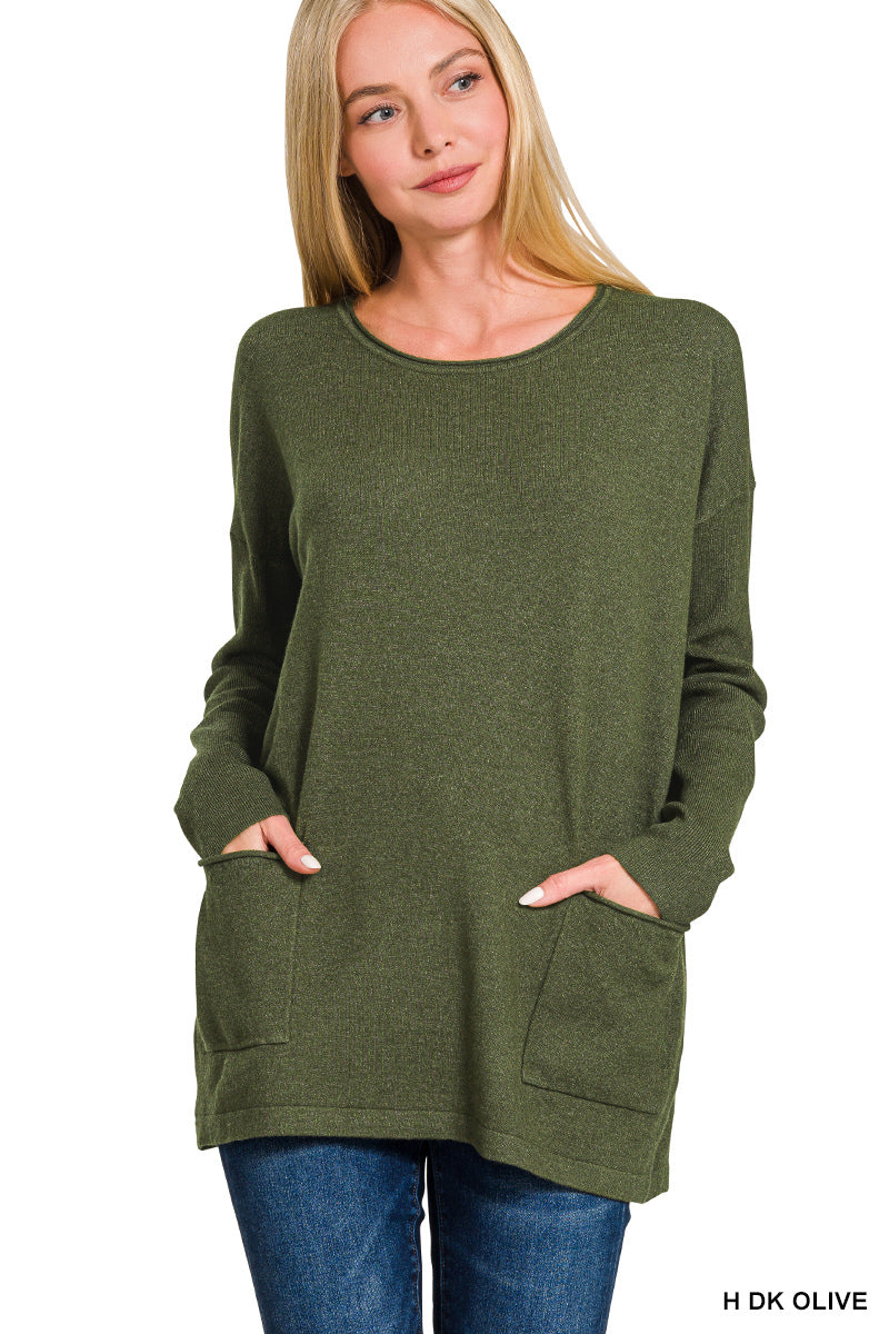 Zenana Dark Olive Viscose front pockets sweater