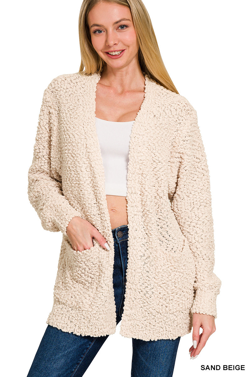 Zenana Long sleeve popcorn sweater cardigan with pockets in sand beige