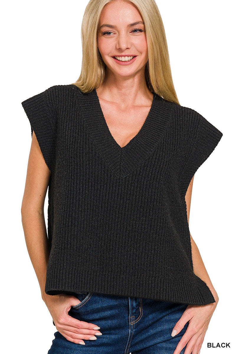 Oversized Sweater Vest with Side Slits in Black