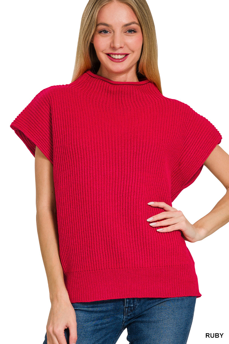 Zenana Power shoulder mock neck sweater in Ruby