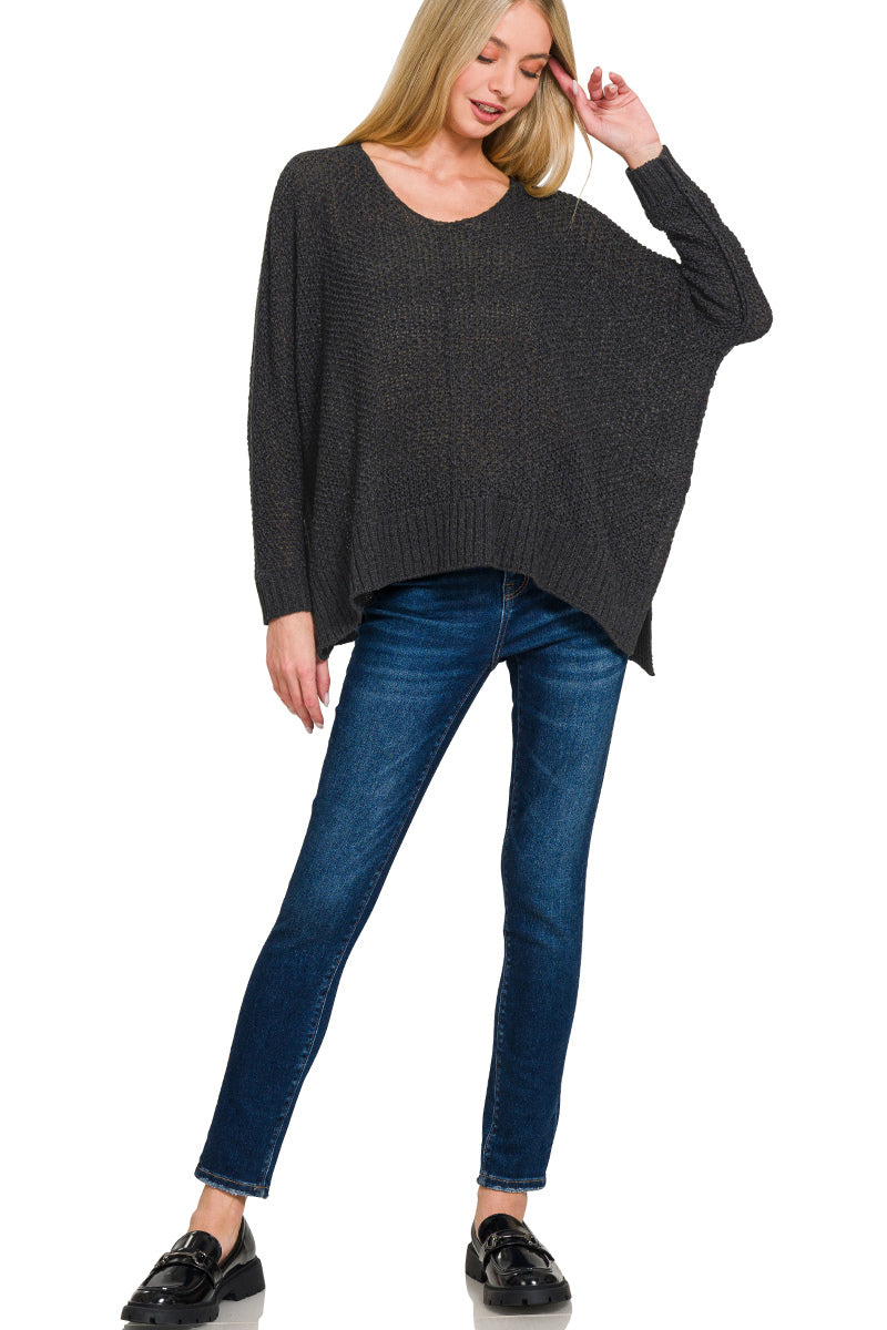 Zenana Dolman sleeve v-neck sweater in black