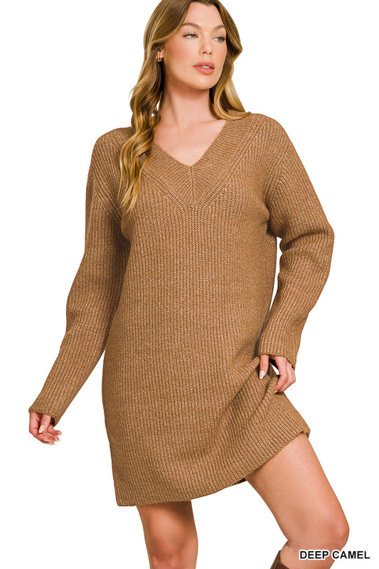 Zenana Deep Camel V neck sweater dress