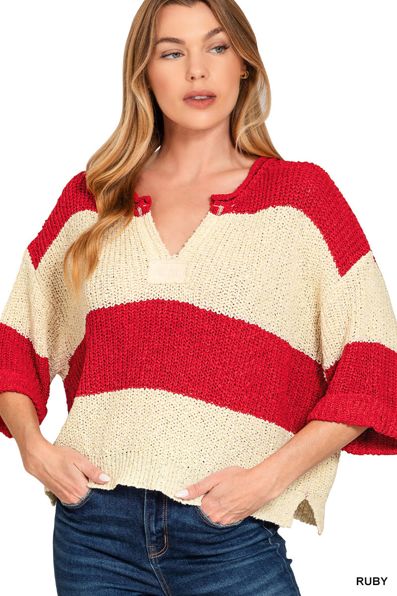 Zenana Ruby Split neck stripe sweater