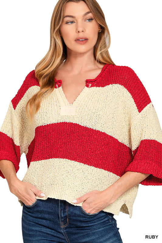 Zenana Ruby Split neck stripe sweater