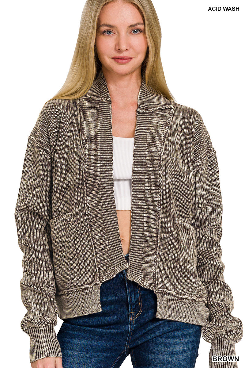 Zenana Brown Washed dropped shoulder cardigan w side pockets