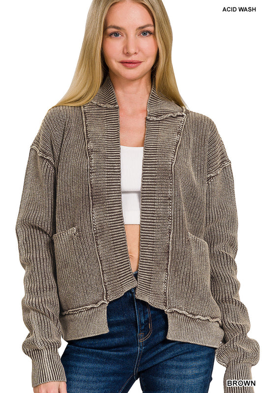 Zenana Brown Washed dropped shoulder cardigan w side pockets