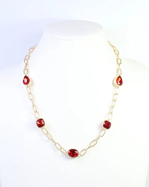 Elena Hammered Crystal Link Necklace Red