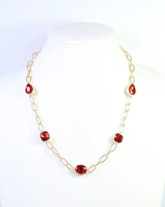 Elena Hammered Crystal Link Necklace Red