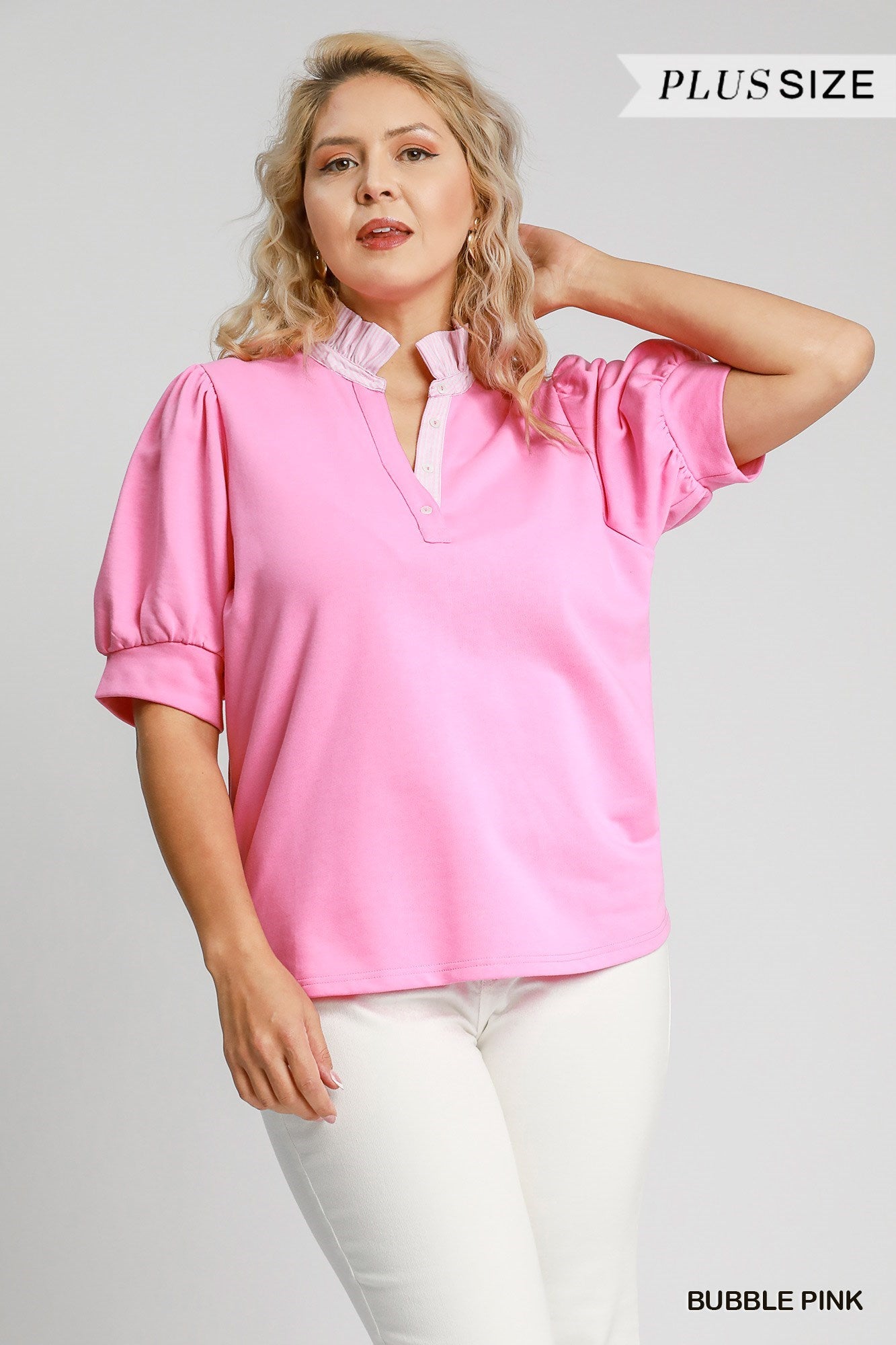 The Skye Plus Bubble Pink High Ruffled Neck Top