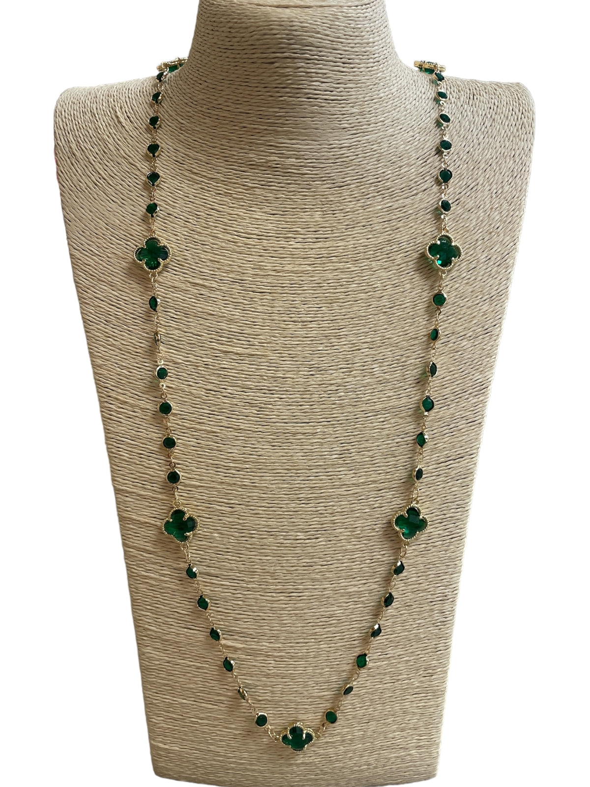 Long Green Crystal Clover Necklace