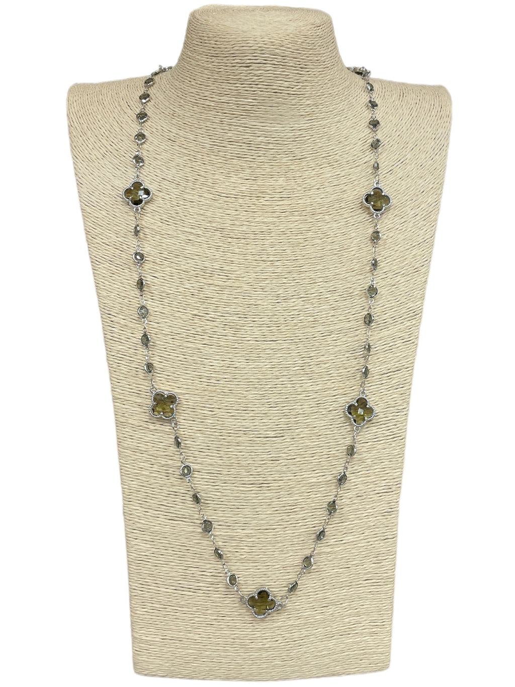 Gray Long Crystal Clover Necklace