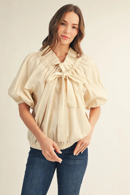 The Maple Cream Drawstring Woven Blouse