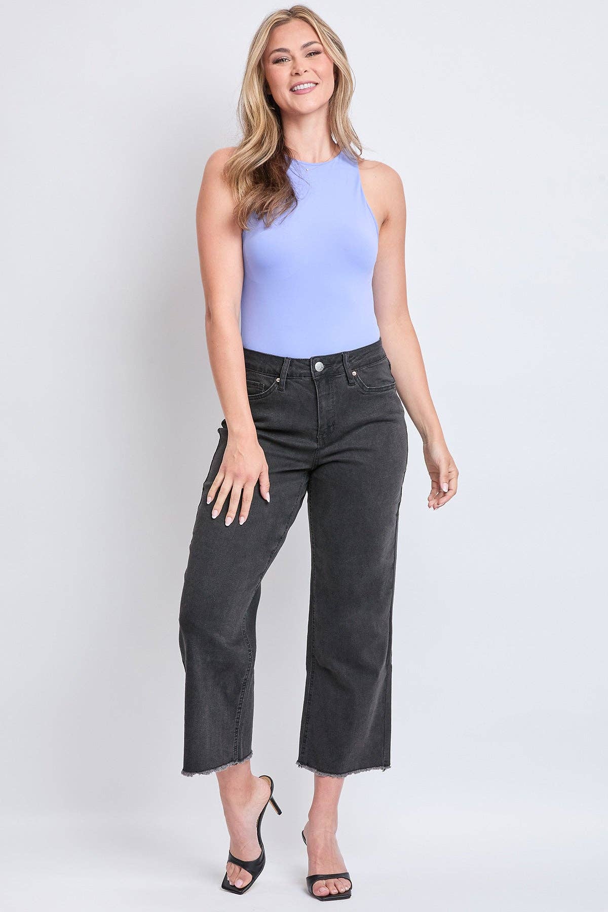 High Rise Wide Leg Crop Raw Hem Jean-Black